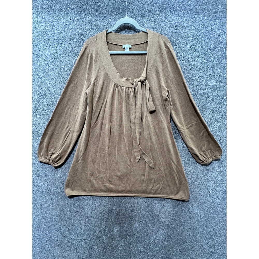 Garnet Hill Cotton Tie Neck Long Sleeve Tunic Top Women XL Brown Long Sleeve